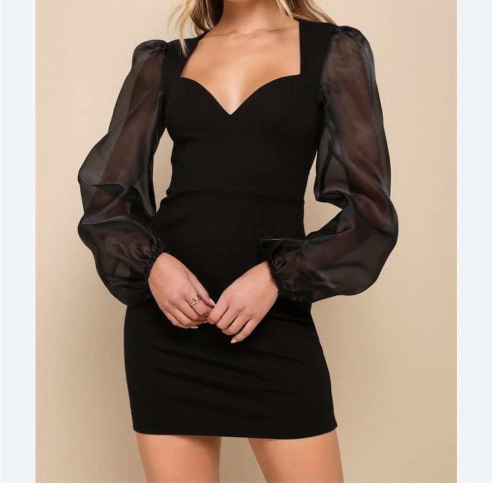 Lulu's Black Sweetheart Neckline Mini Dress with Sheer Puff Sleeves